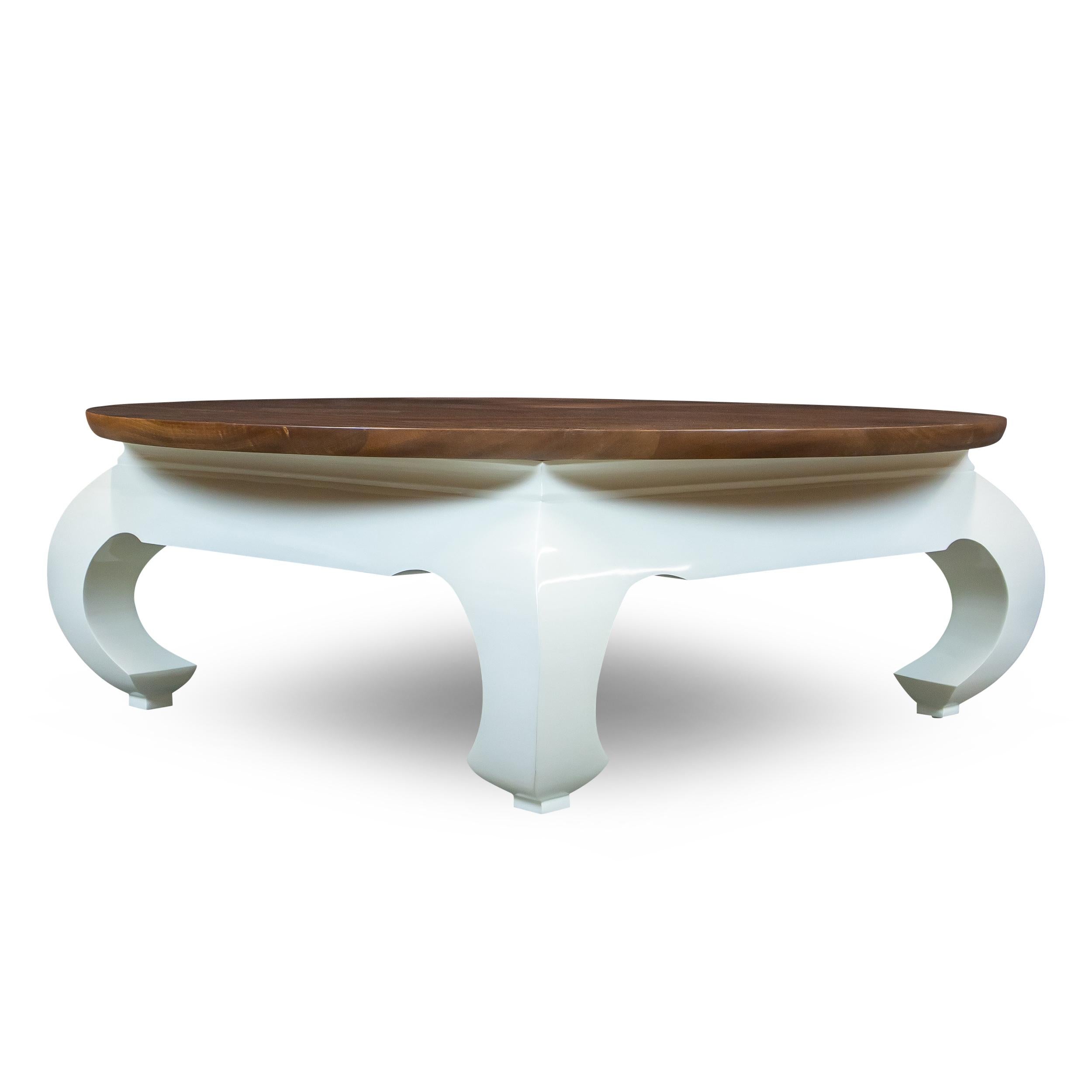 Mesa de centro redonda con tapa de sapeli estilo pata Ming de mediados de siglo Patas lacadas Blanco Lacado en venta