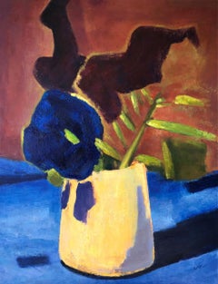 Blue Flowers In Yellow Vase Large Contemporary Still Life  Art 48" x 60" 