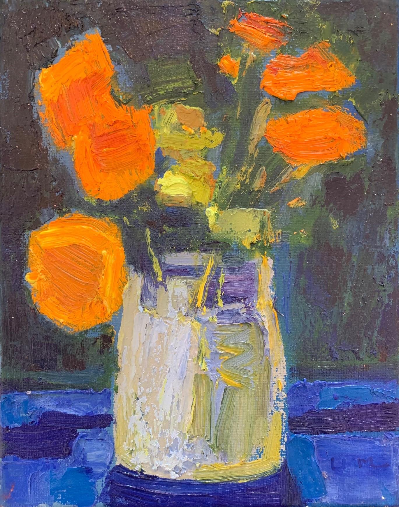 Fleurs orange dans un vase bleu - Nature morte contemporaine - Techniques mixtes de Ming