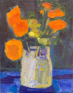 Fleurs orange dans un vase bleu - Nature morte contemporaine - Techniques mixtes de Ming