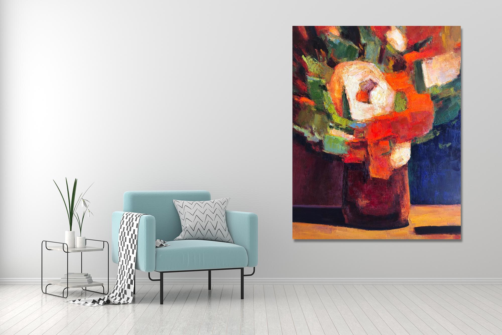 'Green, Orange, and White Bouquet' Large Flowers Contemporary Still Life  - Painting by Ming Ming