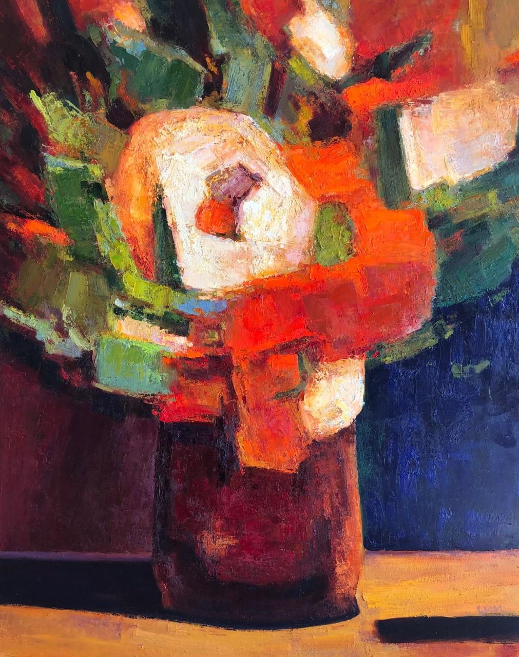 Ming Ming Still-Life Painting - 'Green, Orange, and White Bouquet' Large Flowers Contemporary Still Life 