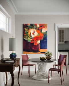 Grüner, oranger und weißer Strauß" Große Blumen Zeitgenössisches Stillleben