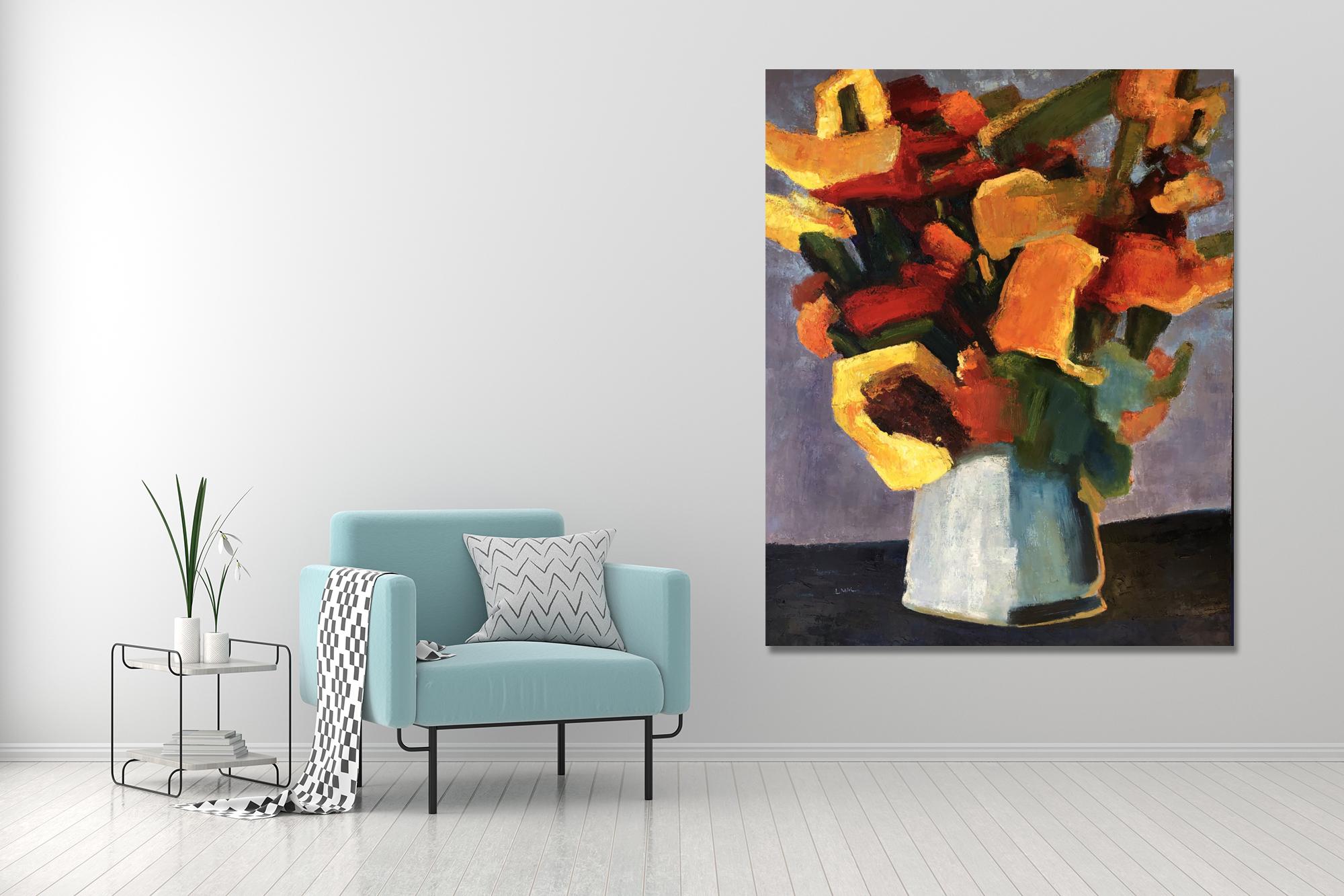 Orange & Yellow Flowers & White Vase Contemporary Large Still Life  48