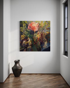 "Rose" von Ming Ming - Rosa & grünes Blumenstillleben mit kühlen und erdigen Tönen