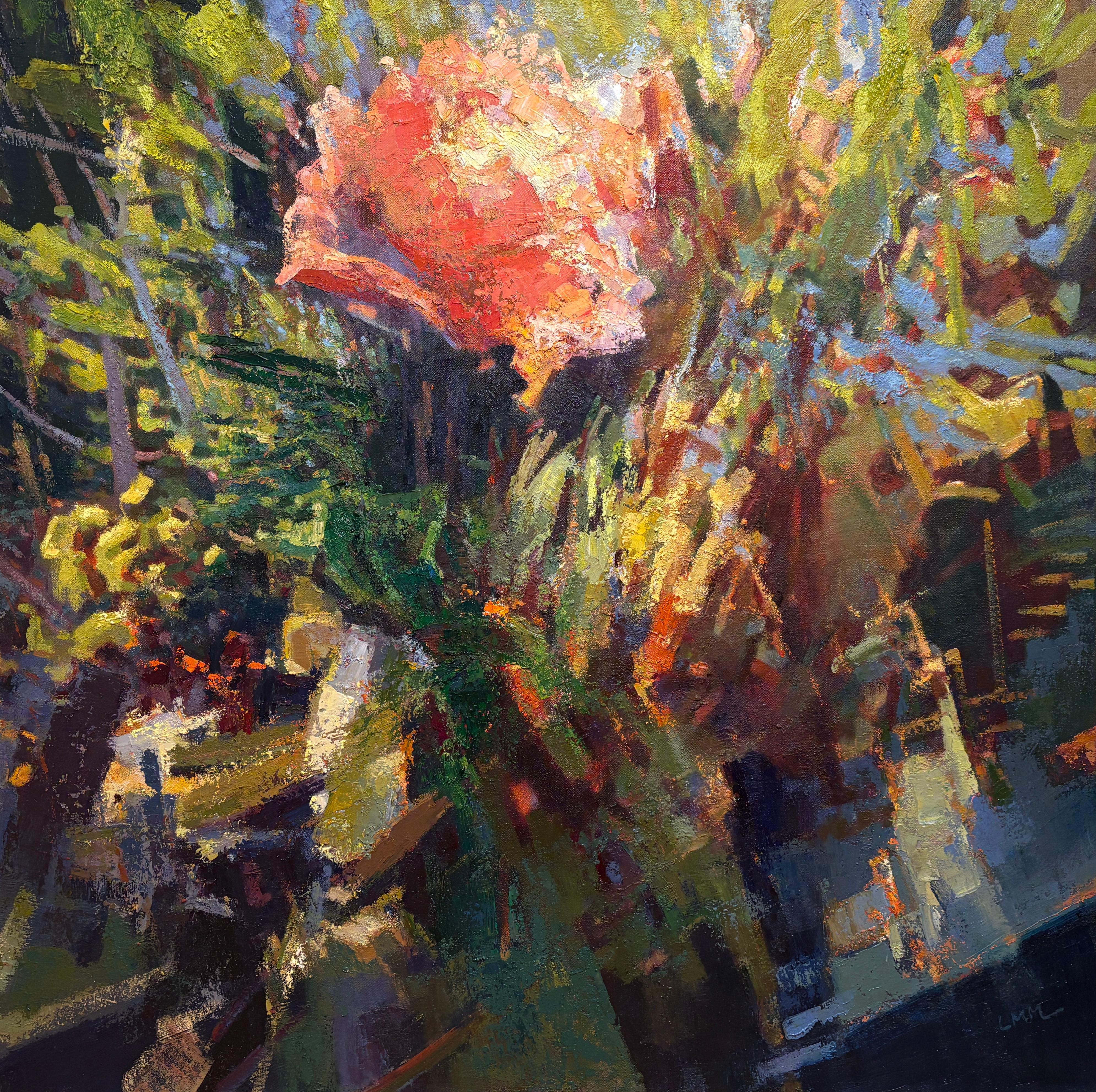 "Rose" di Ming Ming - Still-Life floreale rosa e verde con toni freddi e terrestri