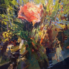 "Rose" by Ming Ming - Pink & Green Floral Still-Life with Cool and Earth Tones