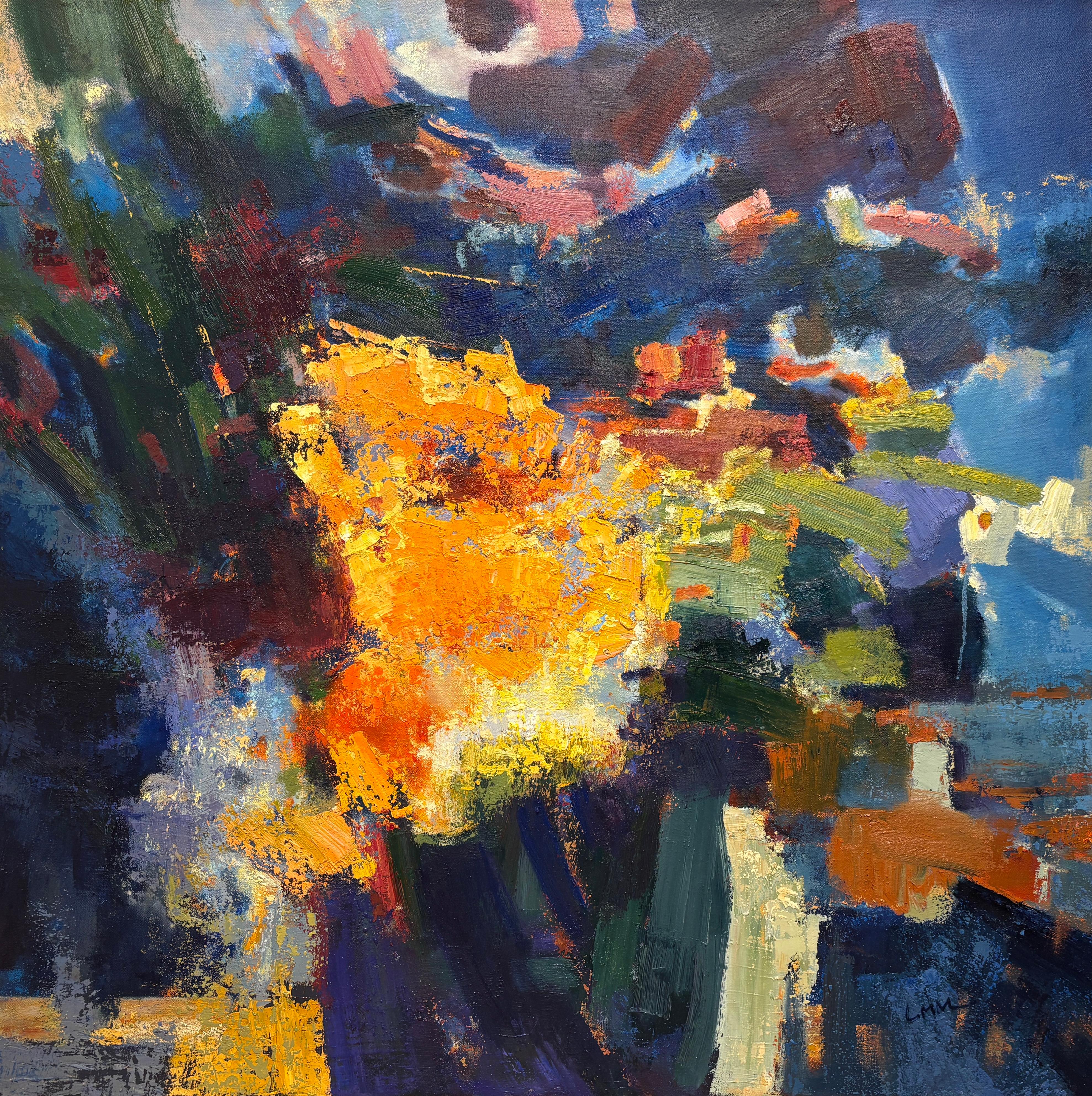 "Sunlight After Storm" di Ming Ming - Still-Life di fiori blu, arancioni e verdi