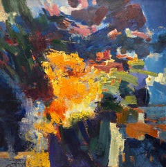 "Sunlight After Storm" by Ming Ming - Blue, Orange and Green Flowers Still-Life