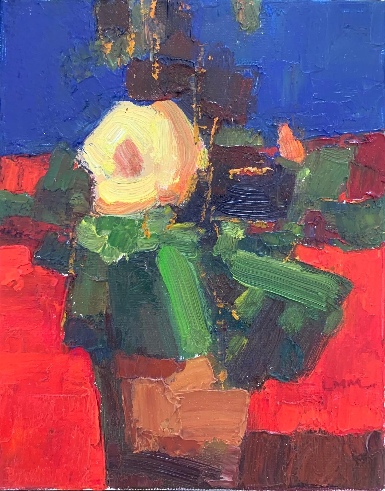 'Yellow Flower On A Red Table' Still Life oil on canvas by Ming Ming