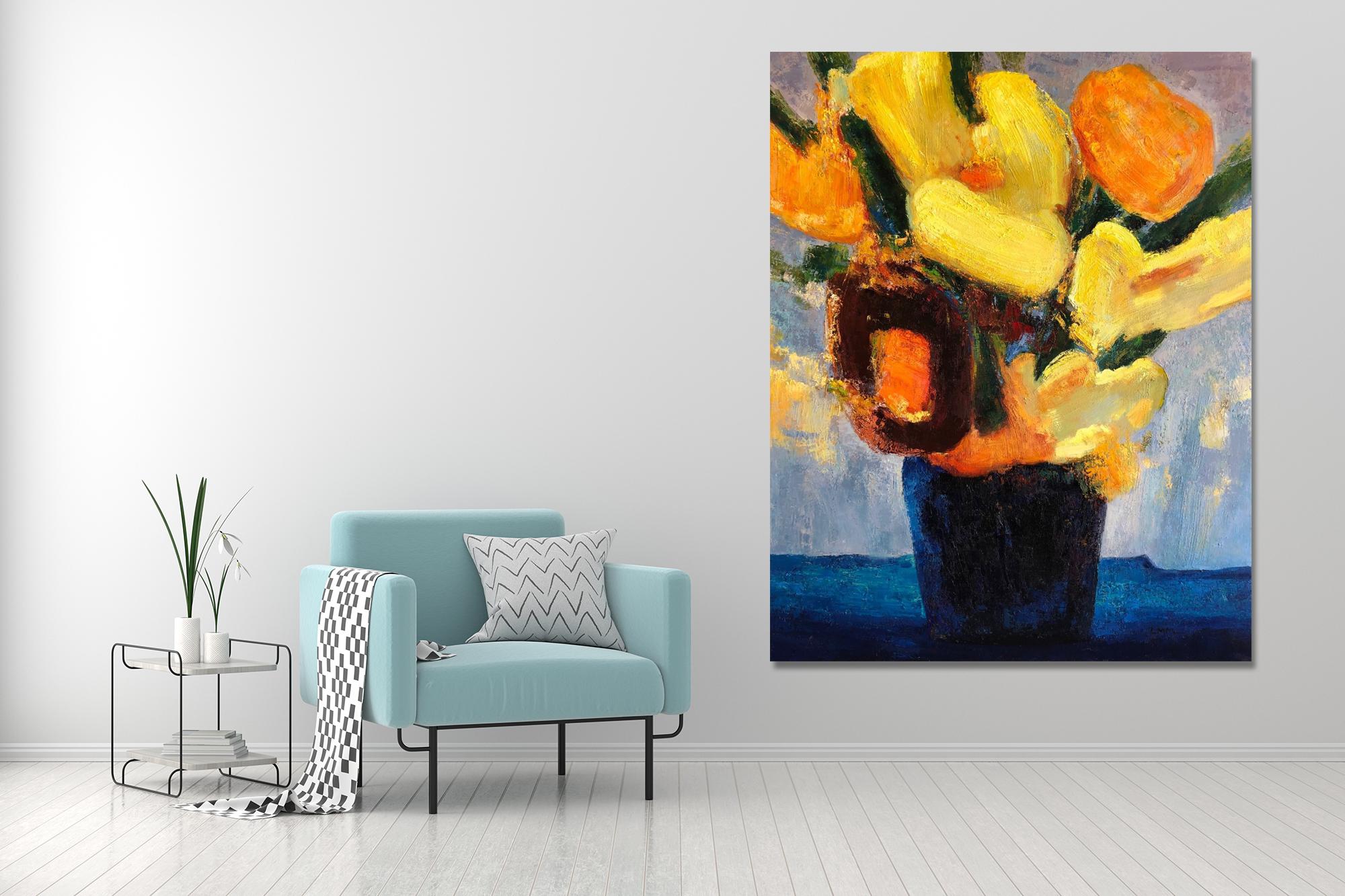 'Yellow & Orange Flowers with Blue Vase' Large Floral Contemporary Still Life  - Painting by Ming Ming
