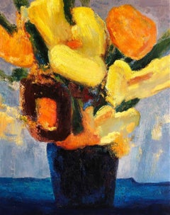 'Yellow & Orange Flowers with Blue Vase' Large Floral Contemporary Still Life 