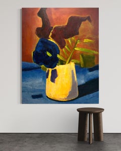 Blaue Blumen mit gelber Vase' Großes florales Contemporary-Stillleben