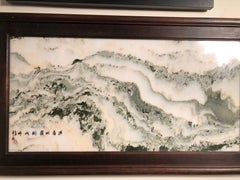 Ming Mountains Extraordinary Natural Stone Painting, One-of-a- Kind Custom Frame