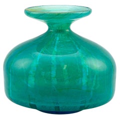 Vase à bouteille trapue à motif Ming, turquoise et vert, Mdina Glass, Malte, années 1970