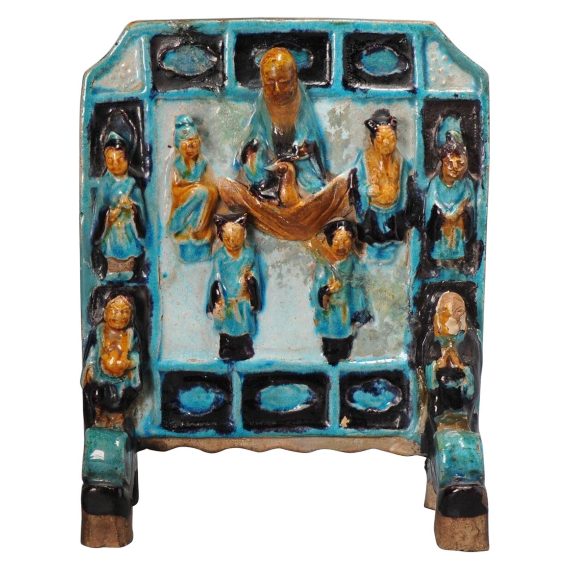 Paravent de table chinois de la période Ming en poterie Fahua Scholar Eight immortals Shoulou