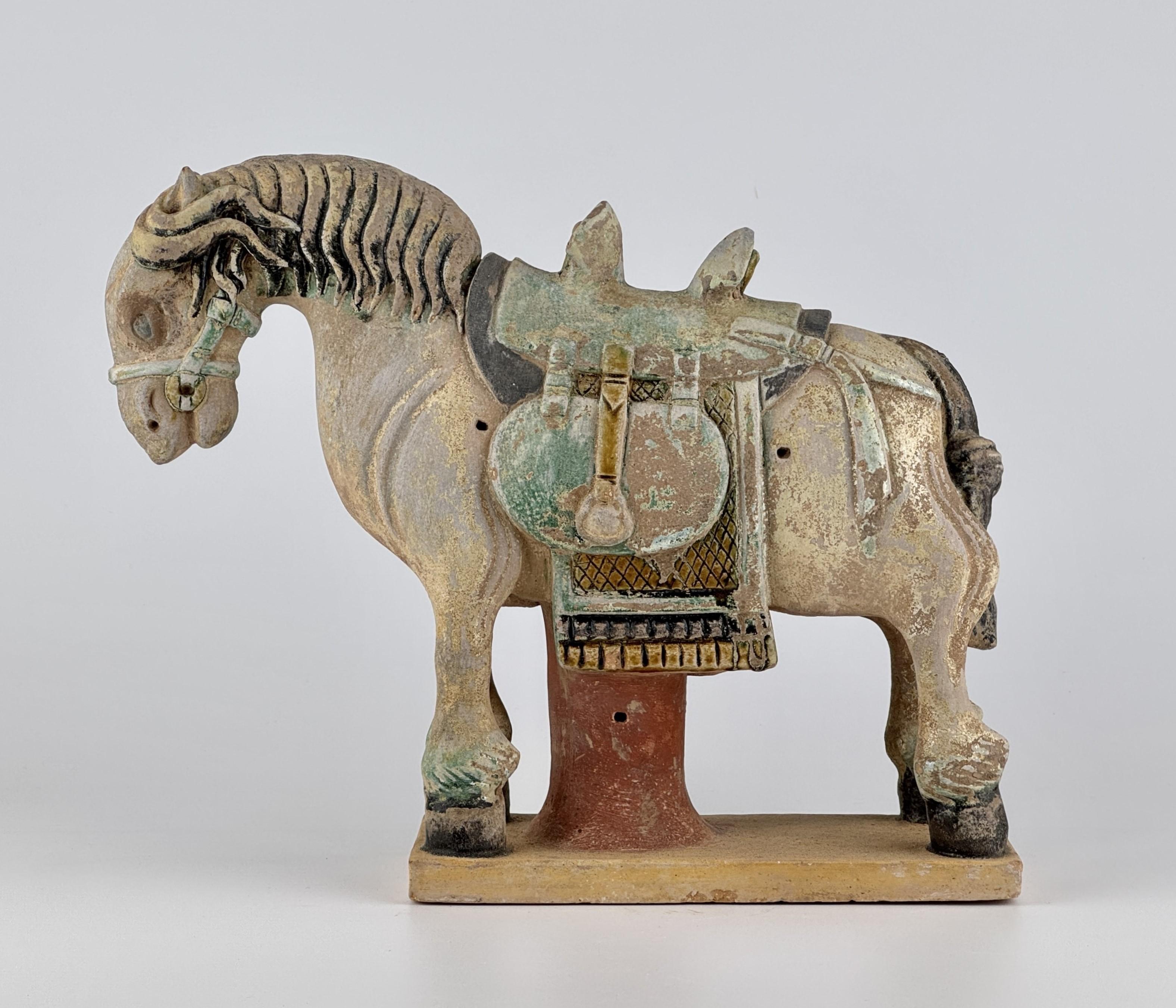 Glazed Ming Period Large Pottery Horse with Saddle (15-16th Century) For Sale