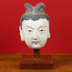 Ming Period Stucco Head of a Court Lady with Original Paint Mounted on Stand