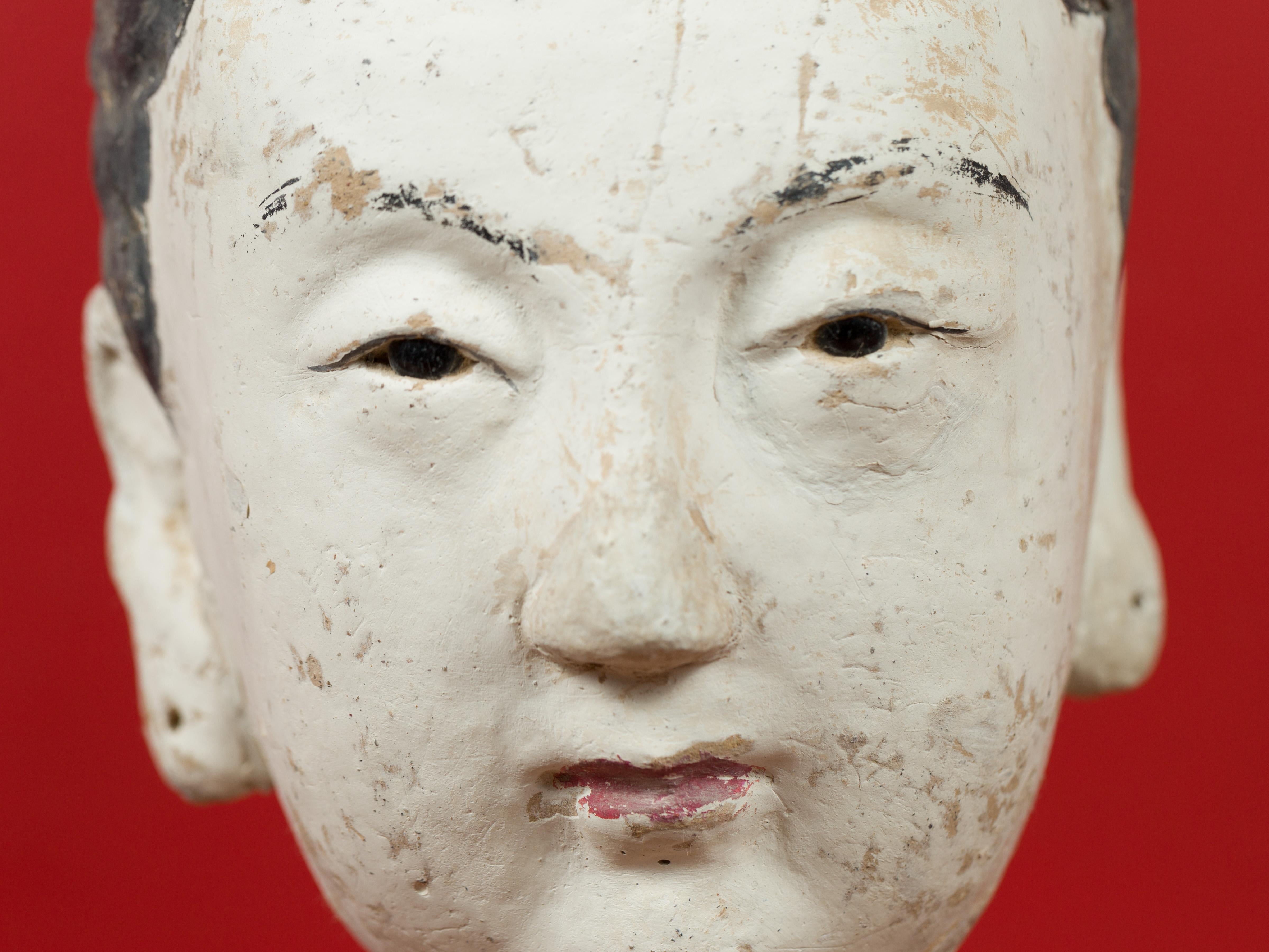 Hand-Painted Ming Period Stucco Head of a Court Lady with Original Paint Mounted on Stand For Sale