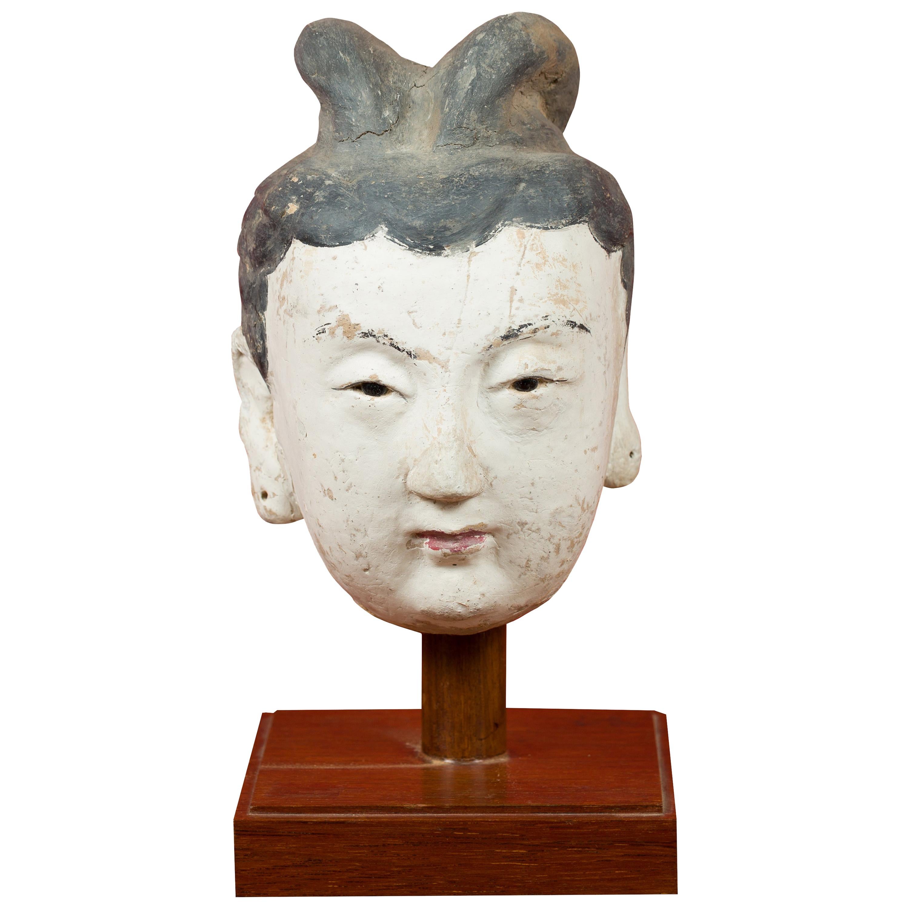 Ming Period Stucco Head of a Court Lady with Original Paint Mounted on Stand