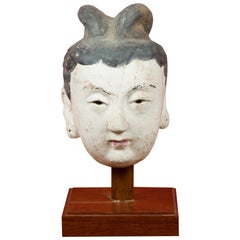 Antique Ming Period Stucco Head of a Court Lady with Original Paint Mounted on Stand