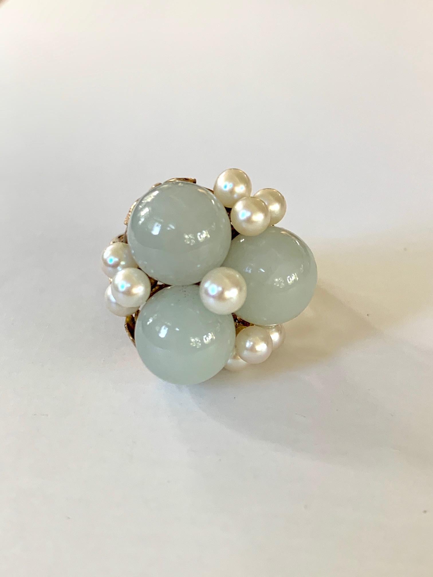 Ming signiert Jade und Perle 14 Karat Gelbgold Ring 6