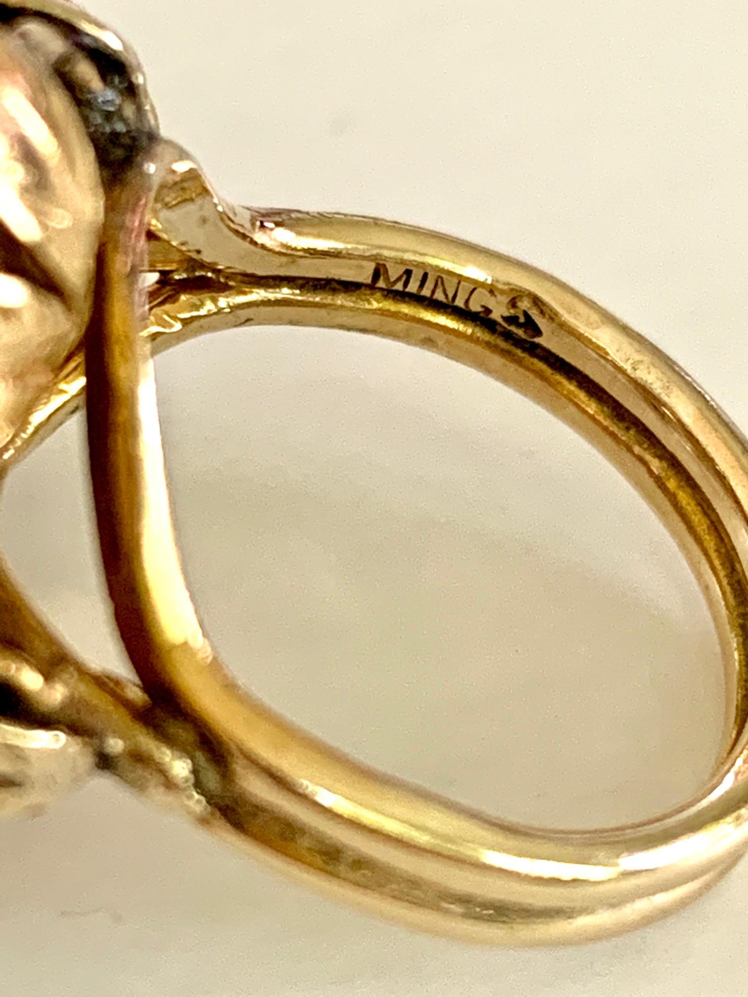 Ming signiert Jade und Perle 14 Karat Gelbgold Ring im Zustand „Gut“ in St. Louis Park, MN