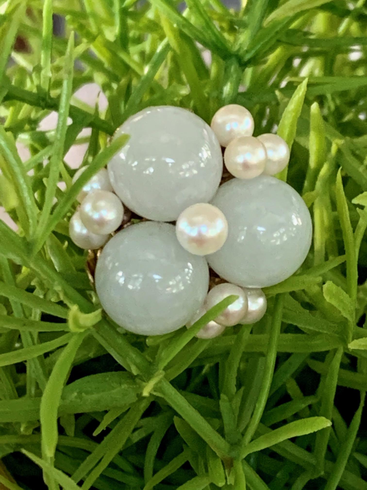 Ming signiert Jade und Perle 14 Karat Gelbgold Ring für Damen oder Herren