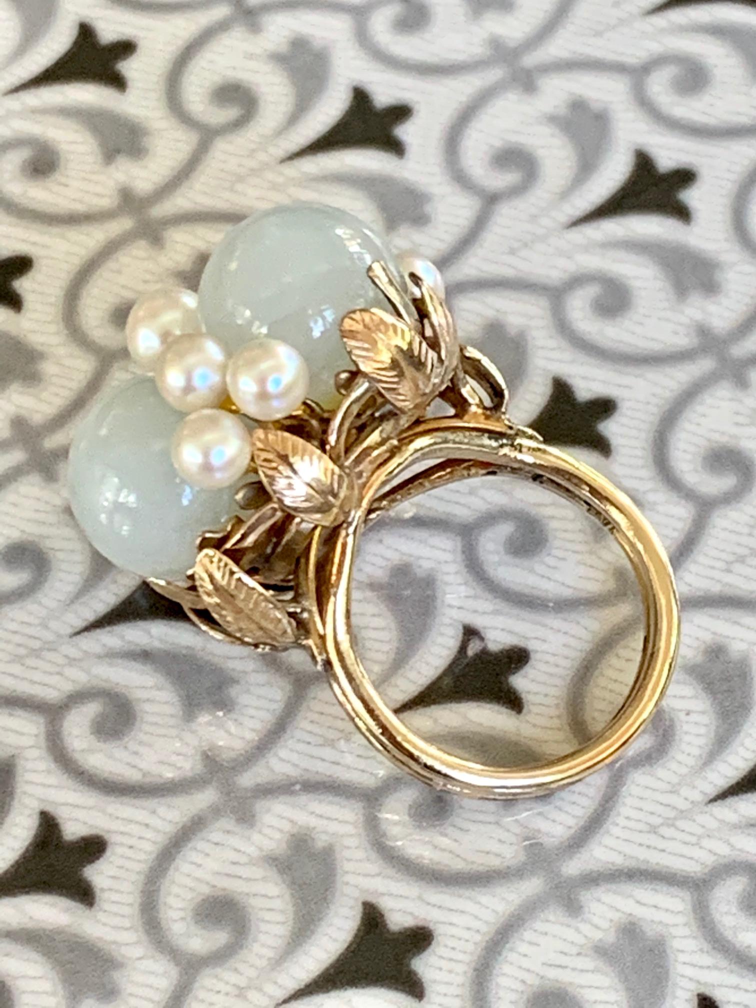 Ming signiert Jade und Perle 14 Karat Gelbgold Ring 1