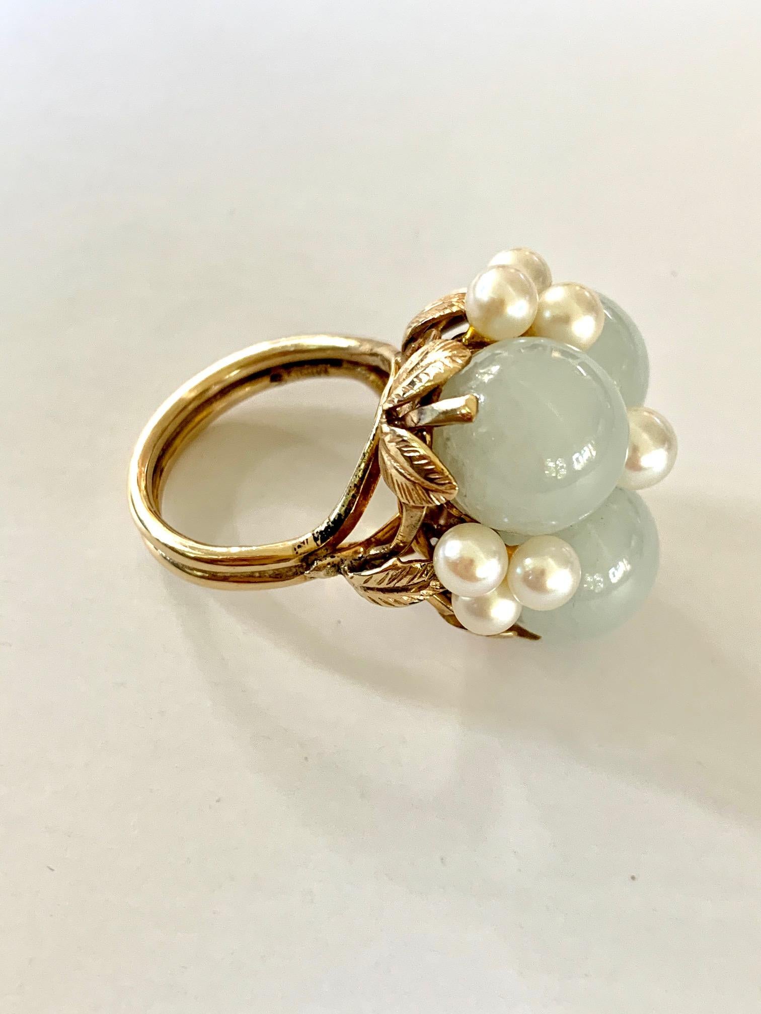 Ming signiert Jade und Perle 14 Karat Gelbgold Ring 3