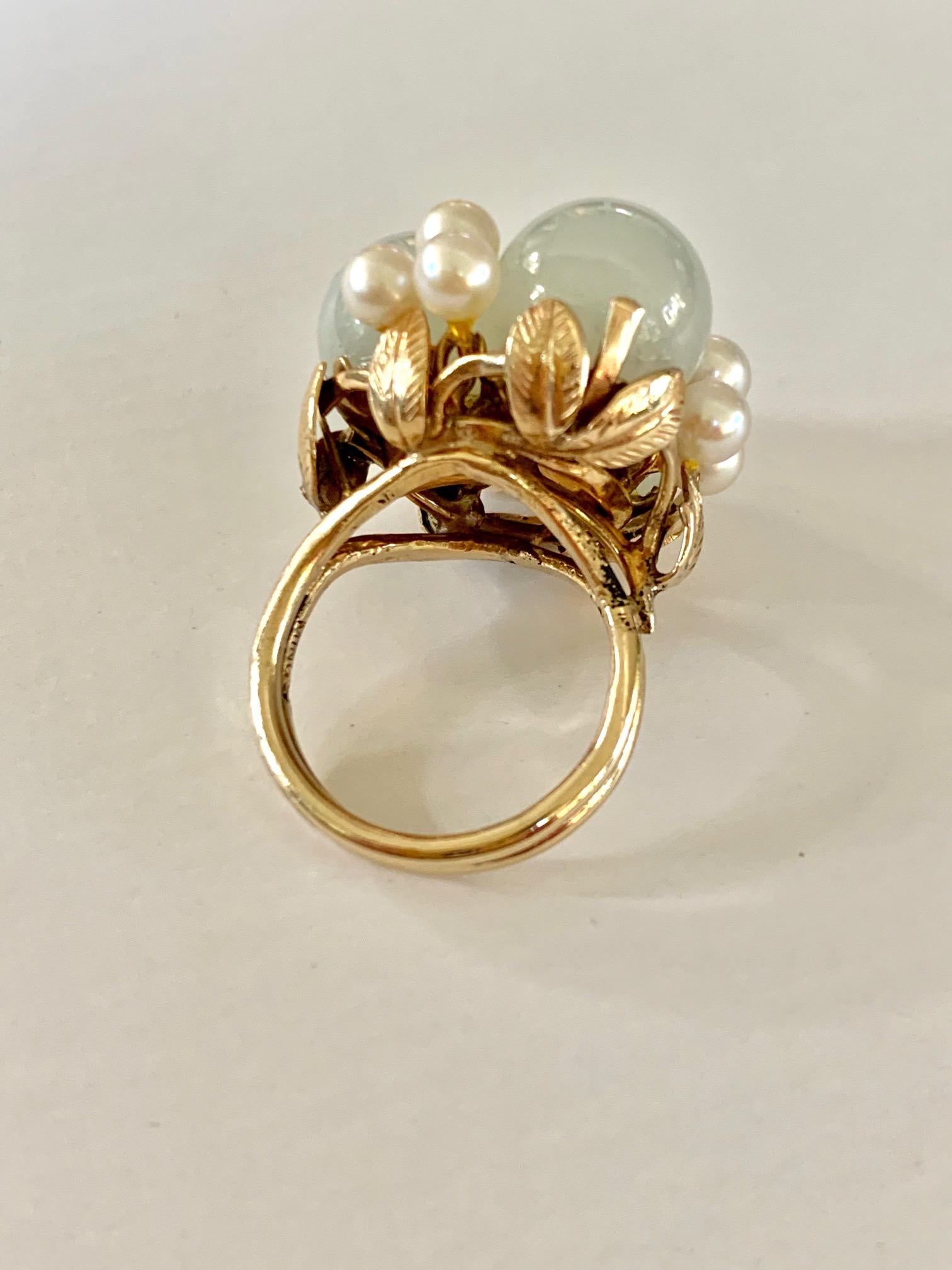 Ming signiert Jade und Perle 14 Karat Gelbgold Ring 4