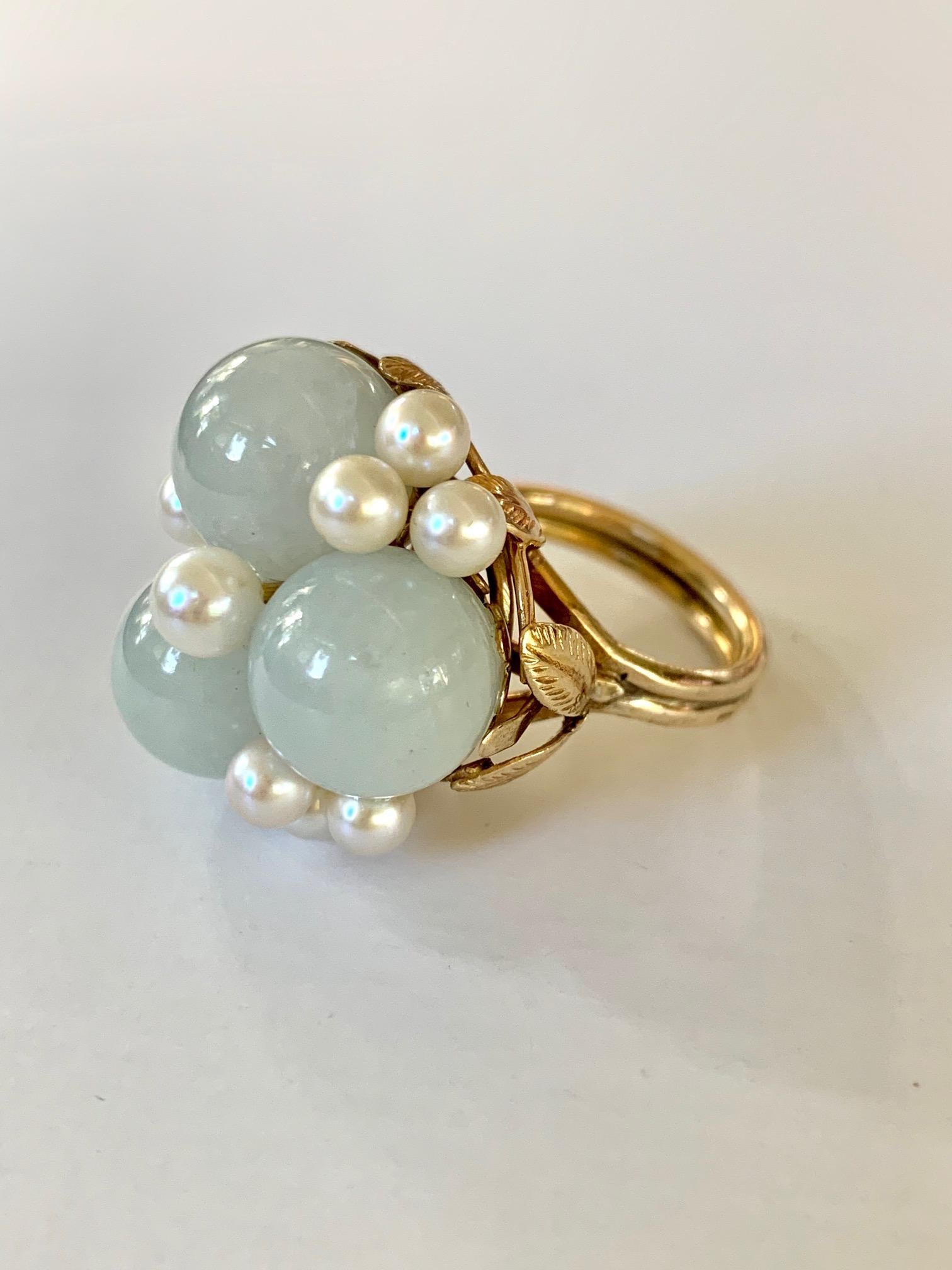 Ming signiert Jade und Perle 14 Karat Gelbgold Ring 5