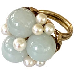 Ming Signed Jade and Pearl 14 Karat Yellow Gold Ring