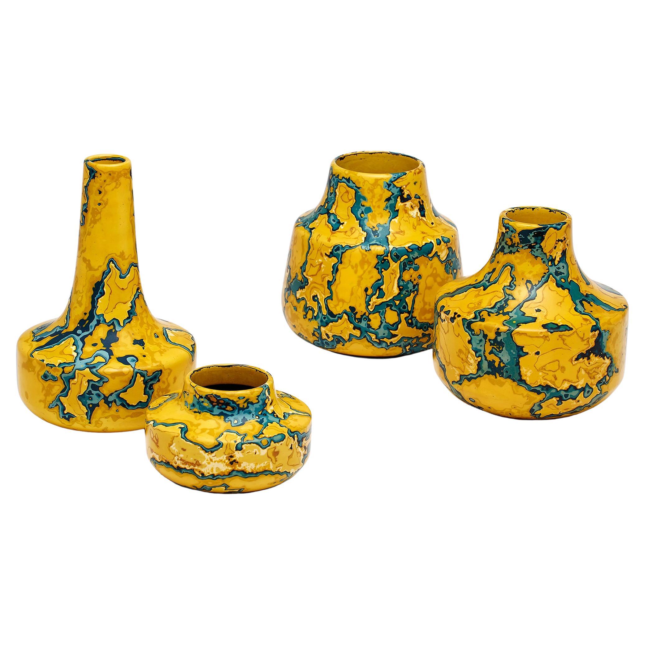 Ming Stone, set of four yellow & blue Jesmonite vessels /vases by Nic Parnell For Sale