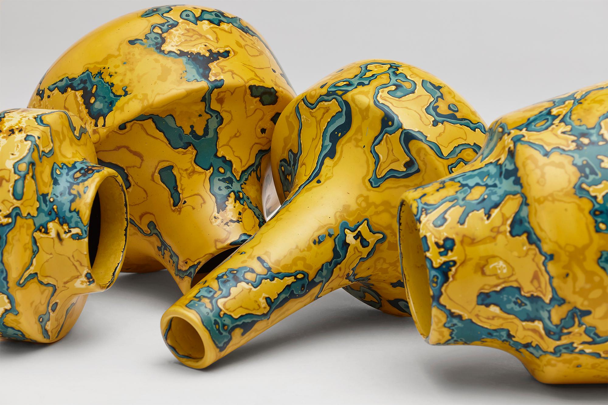 English Ming Stone, set of four yellow & blue Jesmonite vessels /vases by Nic Parnell For Sale