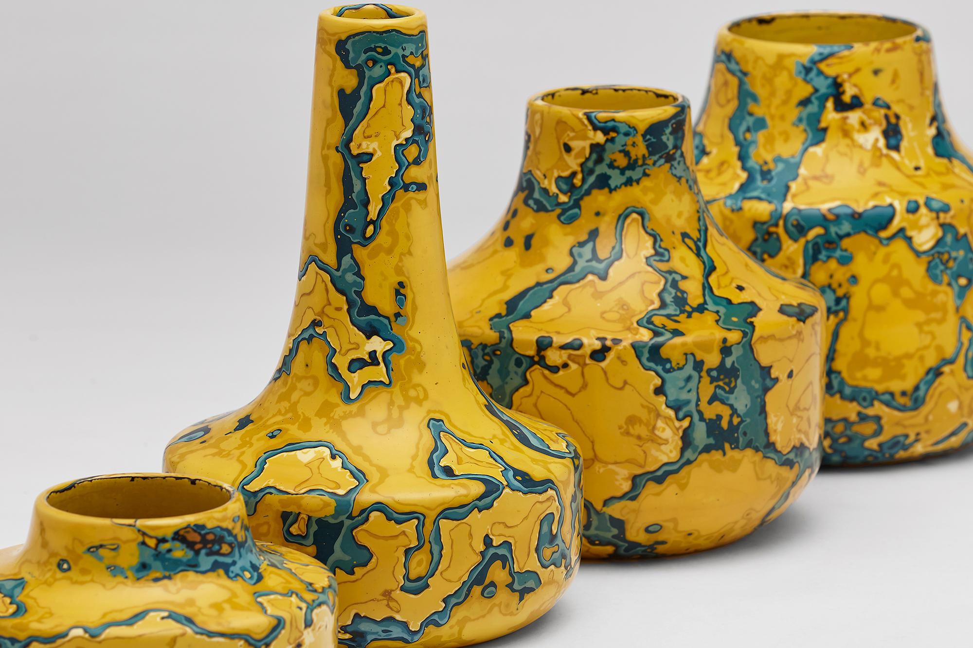 Ming Stone, set of four yellow & blue Jesmonite vessels /vases by Nic Parnell In New Condition For Sale In London, GB