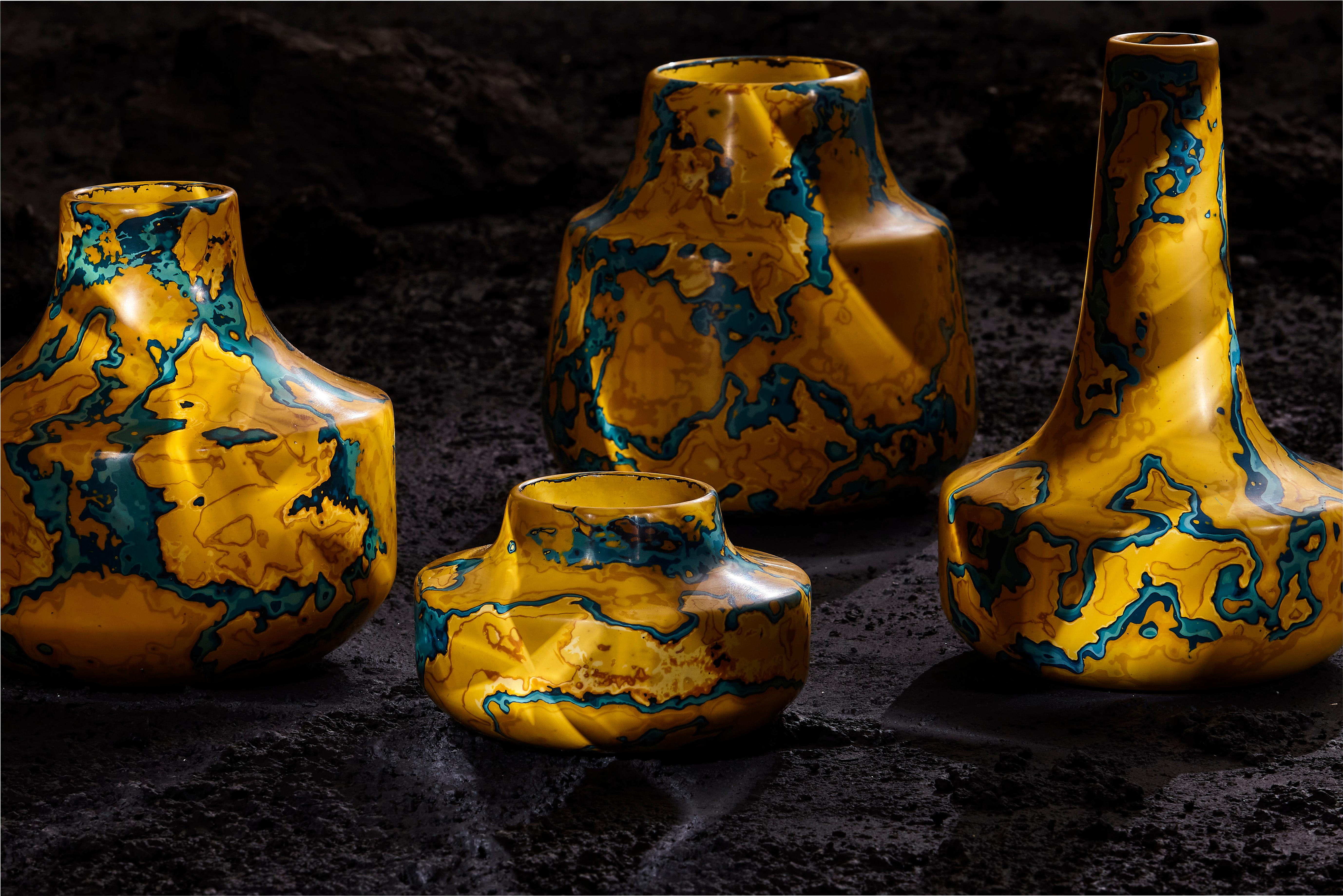 Modern Ming Stone, set of four yellow & blue Jesmonite vessels /vases by Nic Parnell For Sale