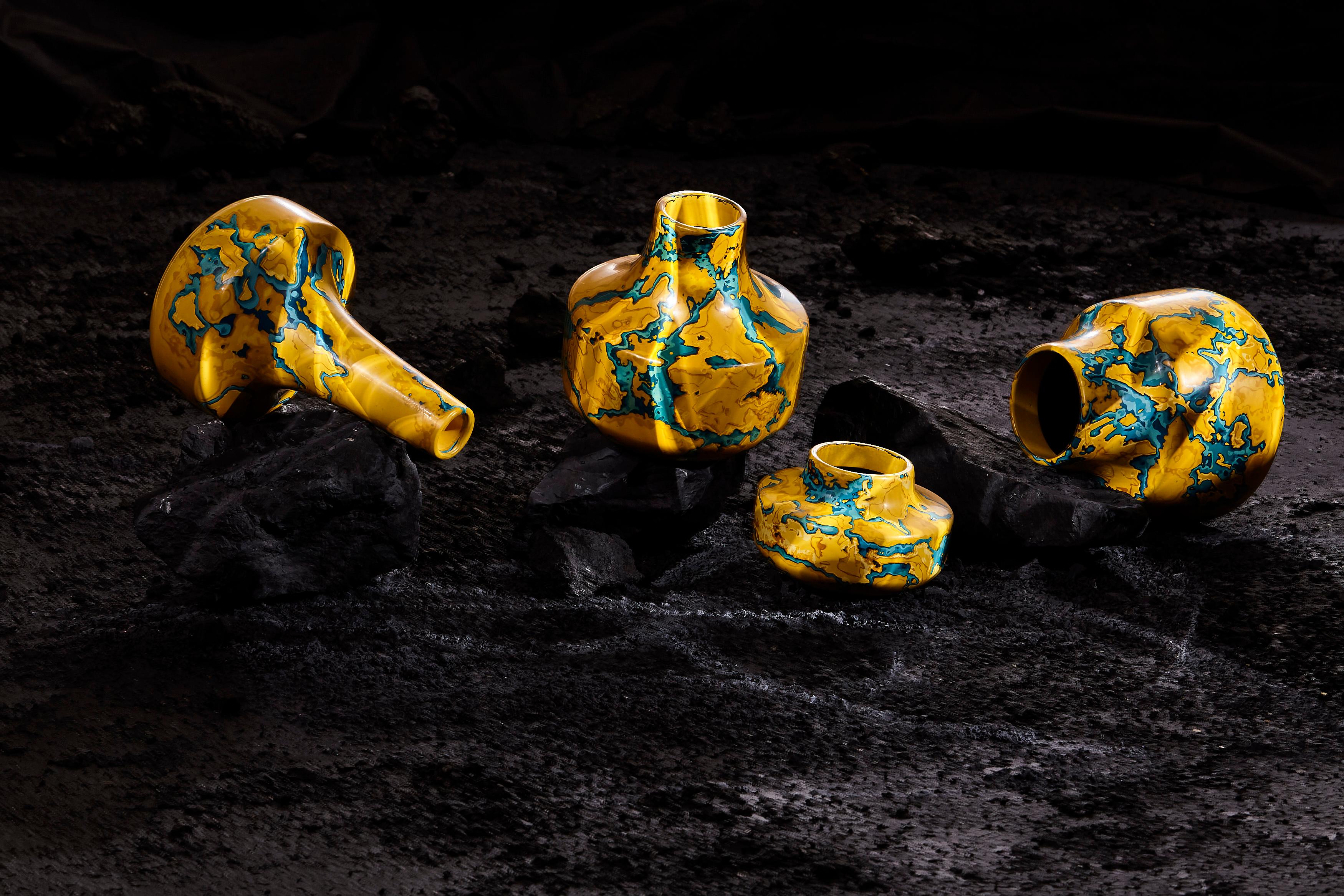 Contemporary Ming Stone, set of four yellow & blue Jesmonite vessels /vases by Nic Parnell For Sale