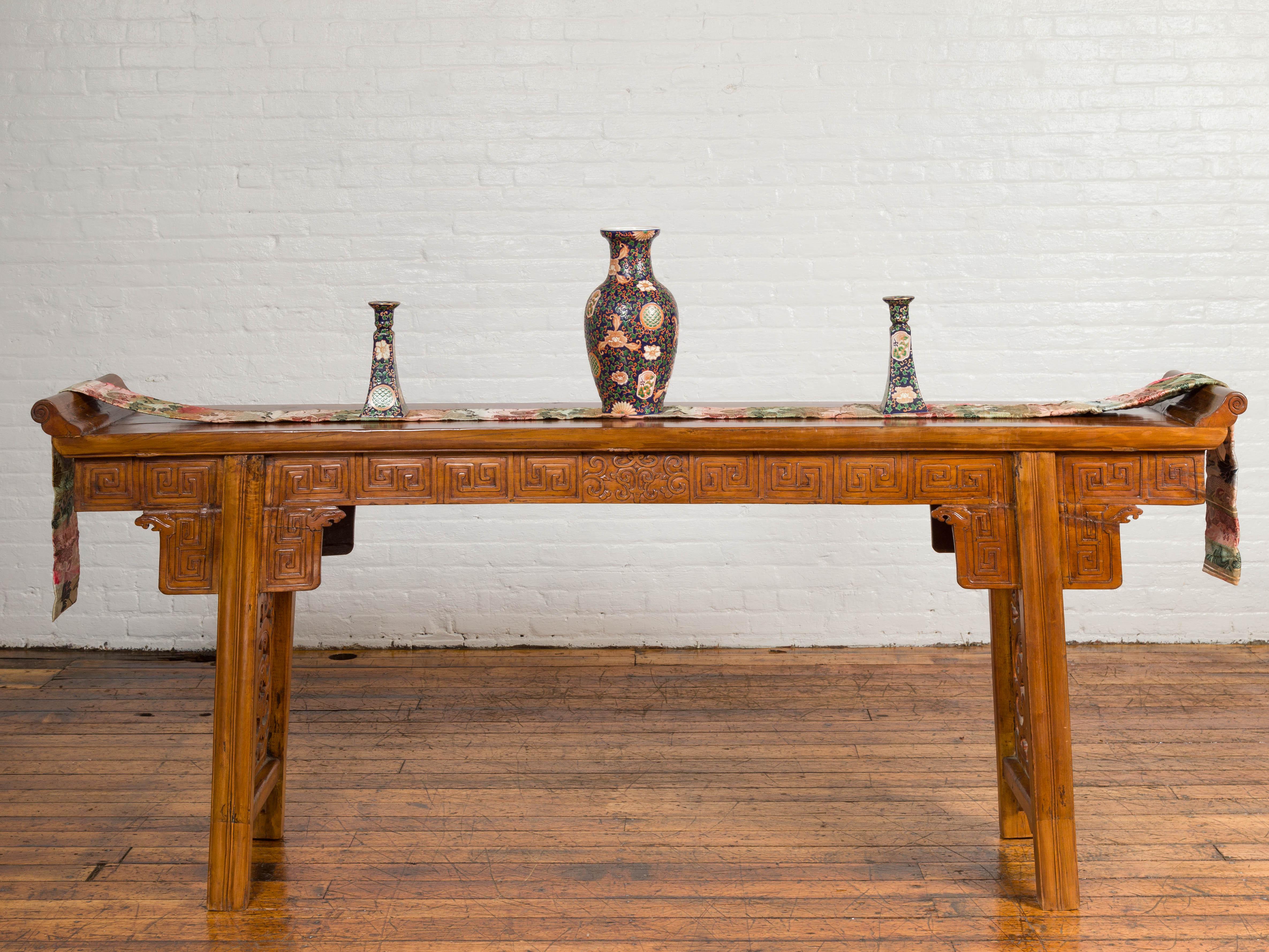 Carved Ming Style Altar Table with Everted Flanges, Meander Apron and Cloud Motifs