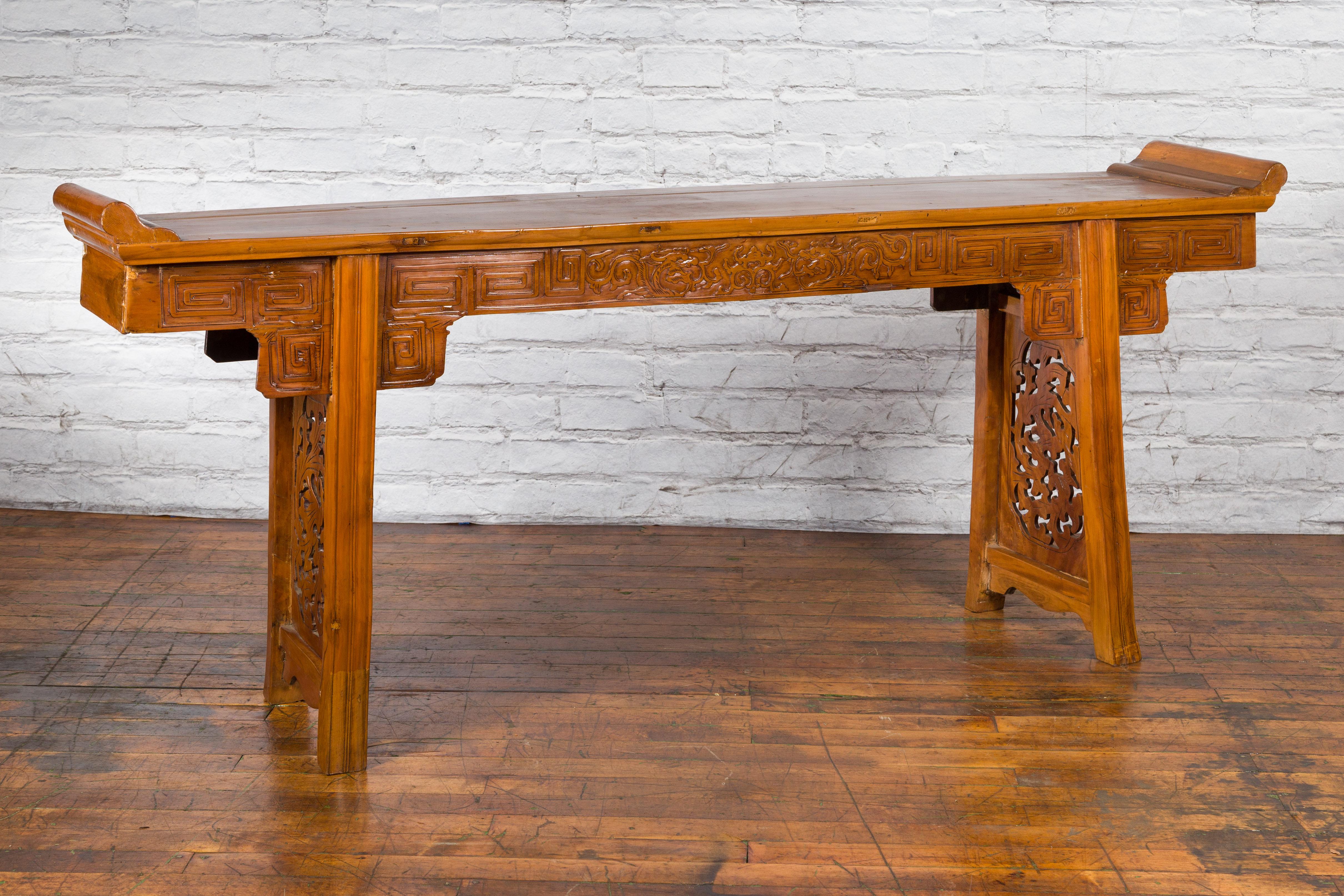 Wood Ming Style Altar Table with Everted Flanges, Meander Apron and Dragon Motifs For Sale