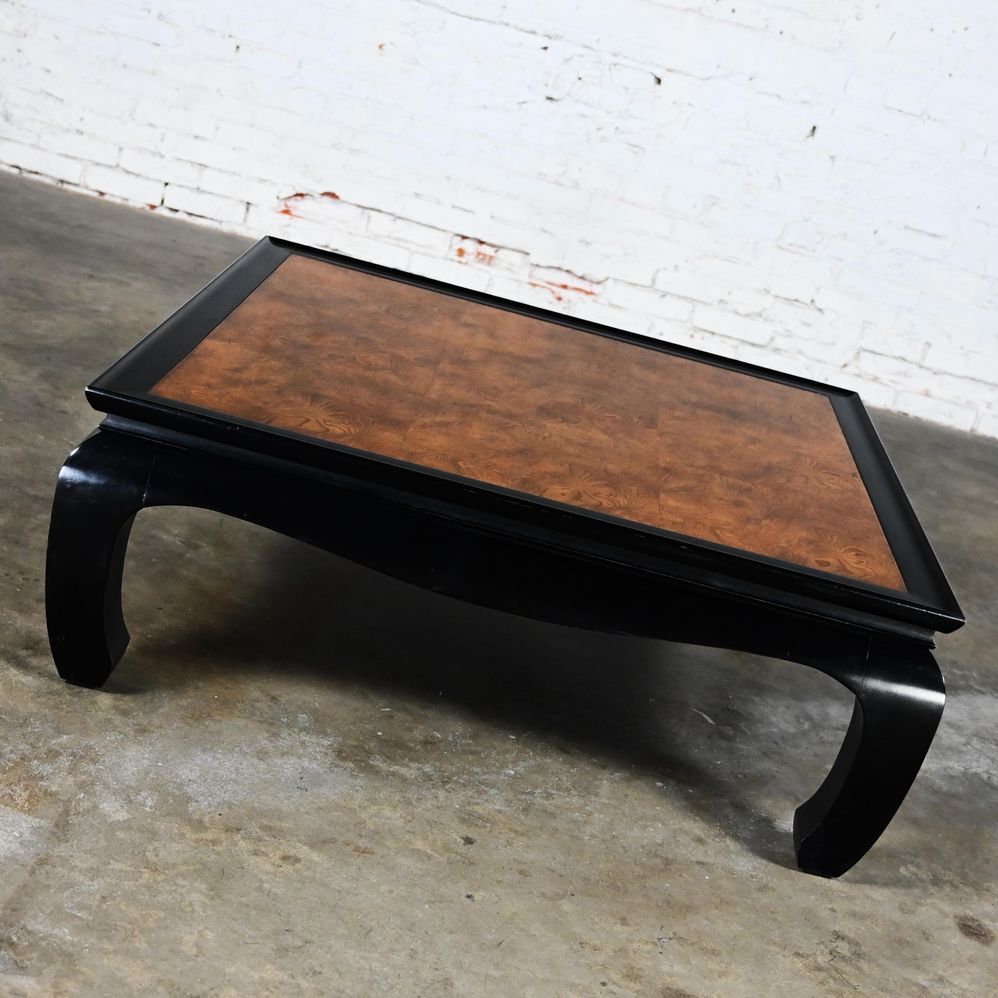 Chinoiserie Ming Style Black & Burl Coffee Table Attributed Chin Hua Collection by Sabota For Sale