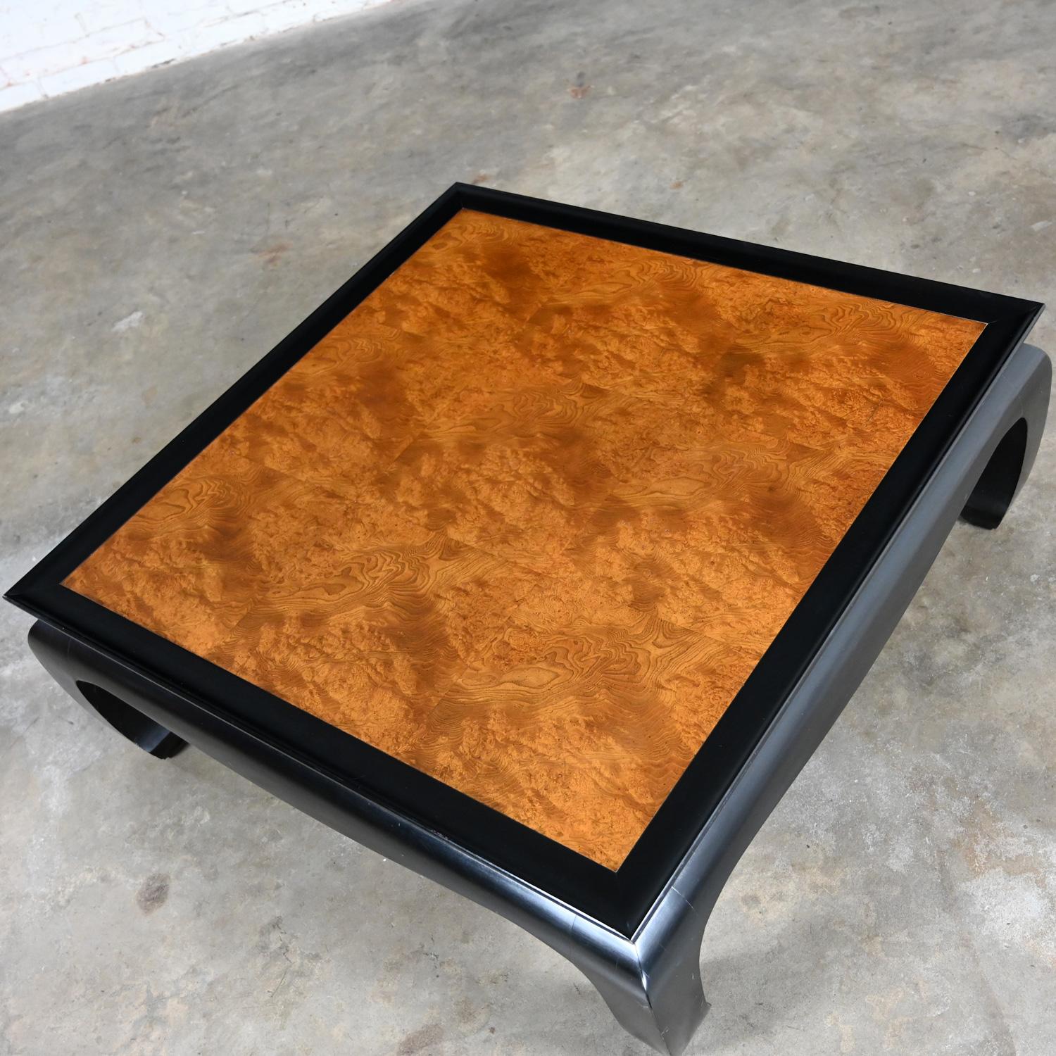 Lacquered Ming Style Black & Burl Coffee Table Attributed Chin Hua Collection by Sabota For Sale