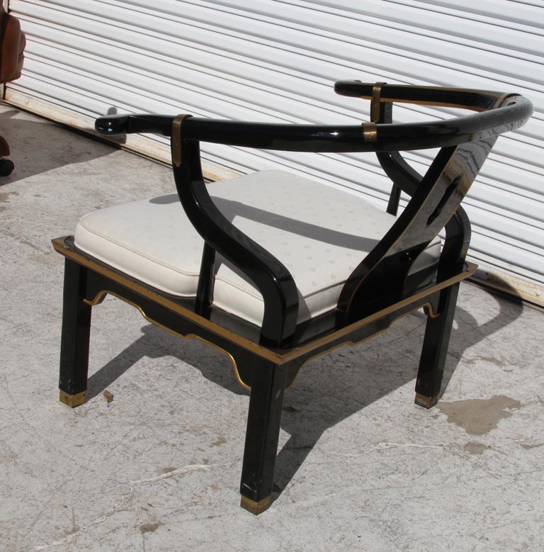 Lacquered Ming Style Black Lacquer & Brass Low Chair After James Mont For Sale