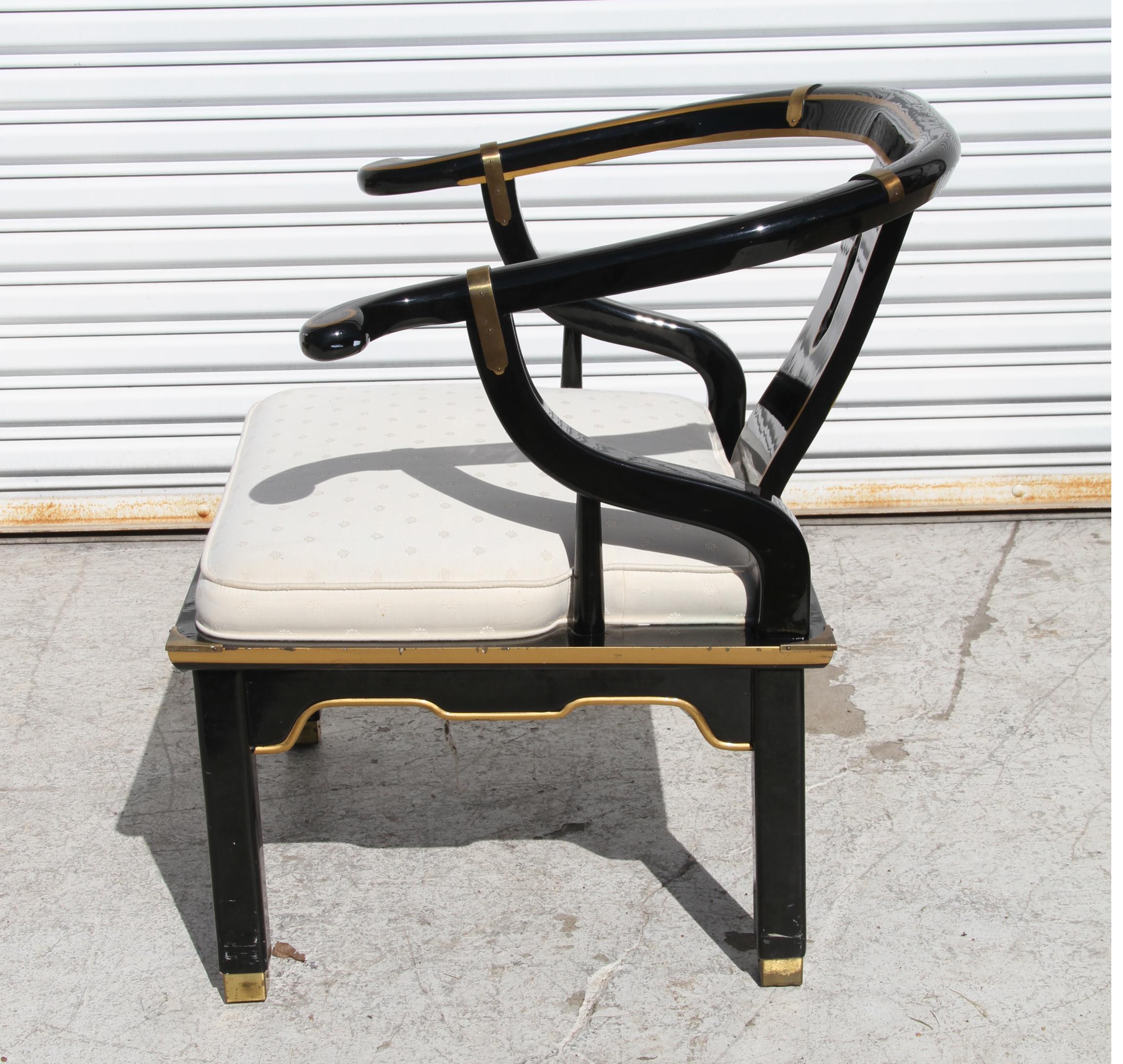 Hollywood Regency Ming Style Black Lacquer & Brass Low Chair After James Mont For Sale