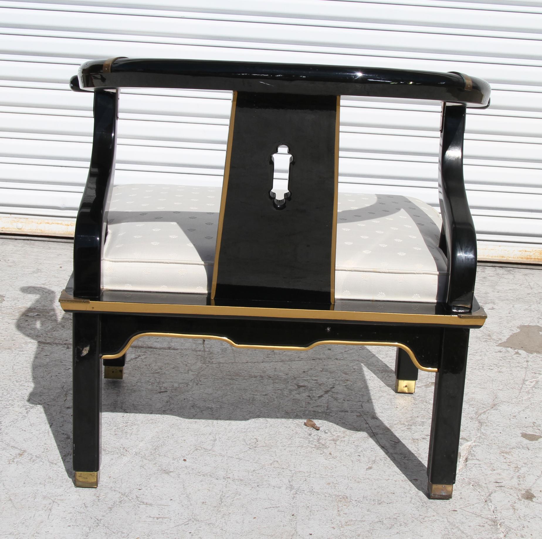 Lacquered Ming Style Black Lacquer & Brass Low Chair After James Mont For Sale