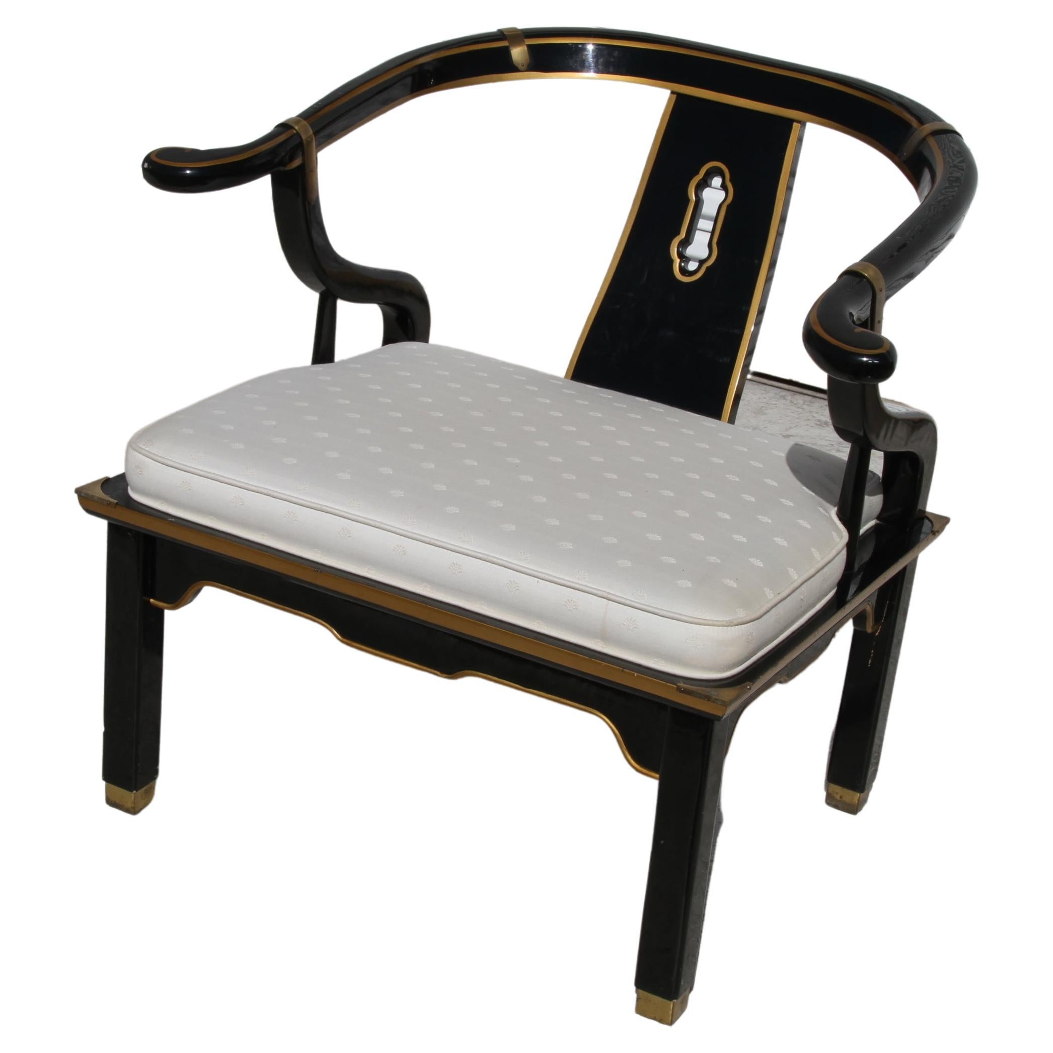 Ming Style Black Lacquer & Brass Low Chair After James Mont For Sale