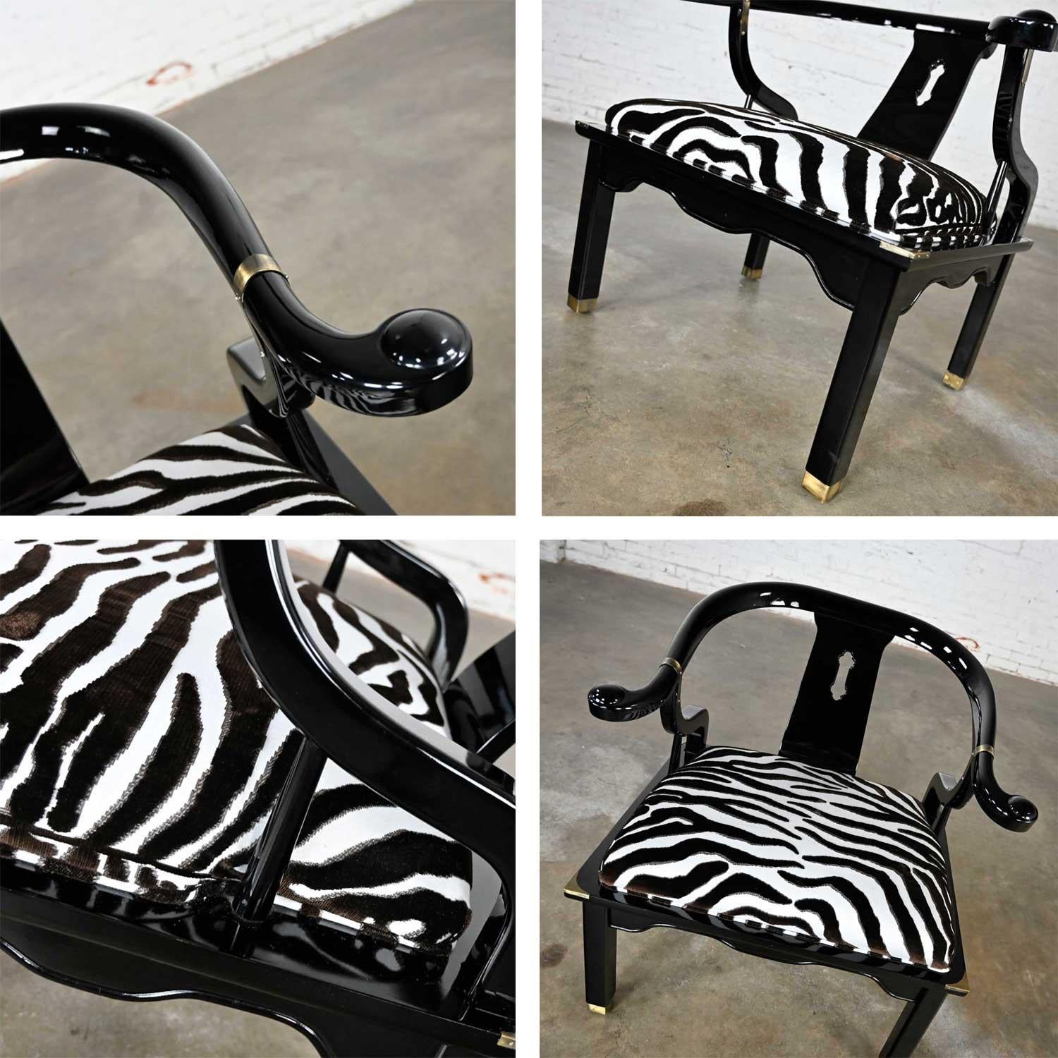 Ming Style Black Lacquer & Brass Low Chair After James Mont Scalamandre Zebra  For Sale 6