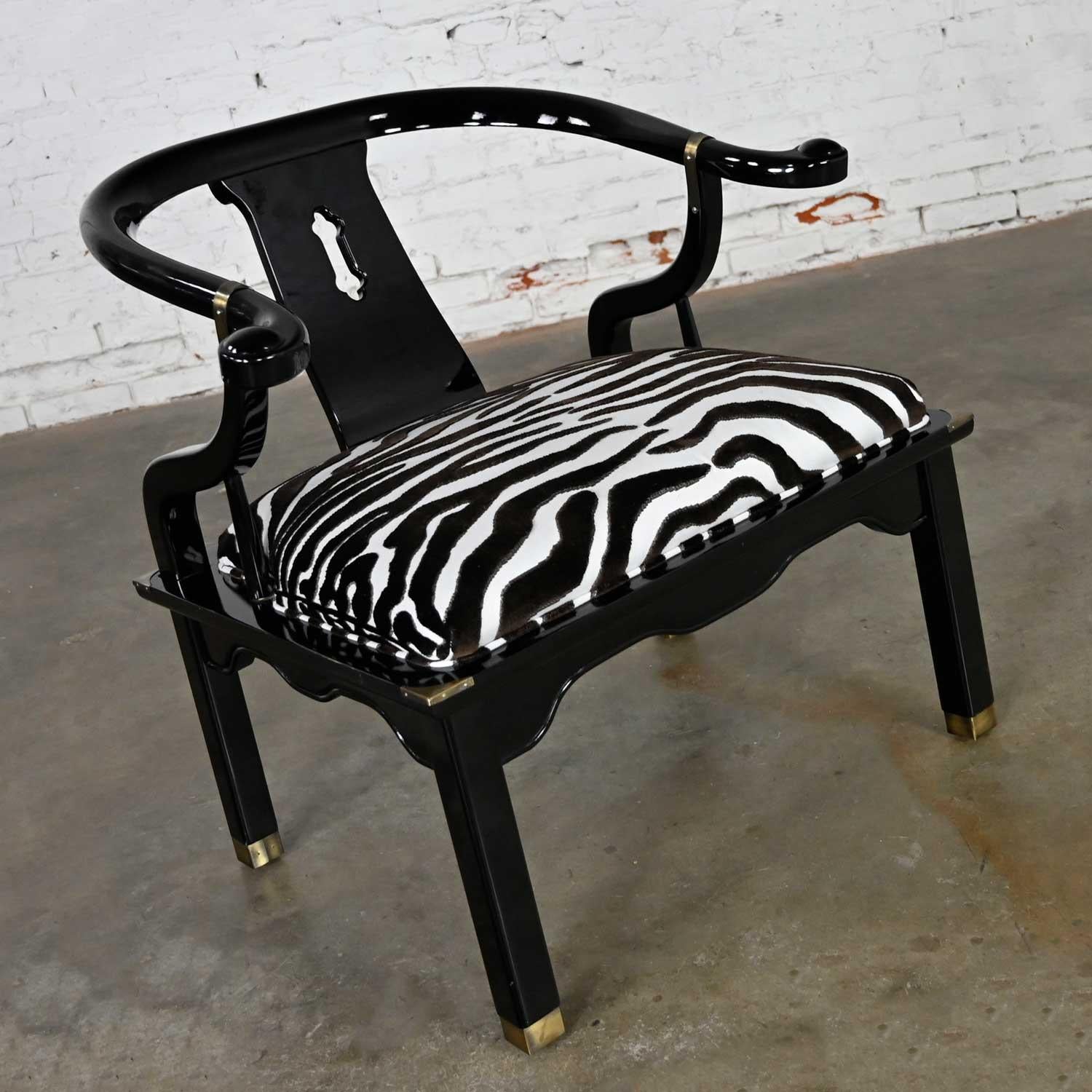 Hollywood Regency Ming Style Black Lacquer & Brass Low Chair After James Mont Scalamandre Zebra  For Sale