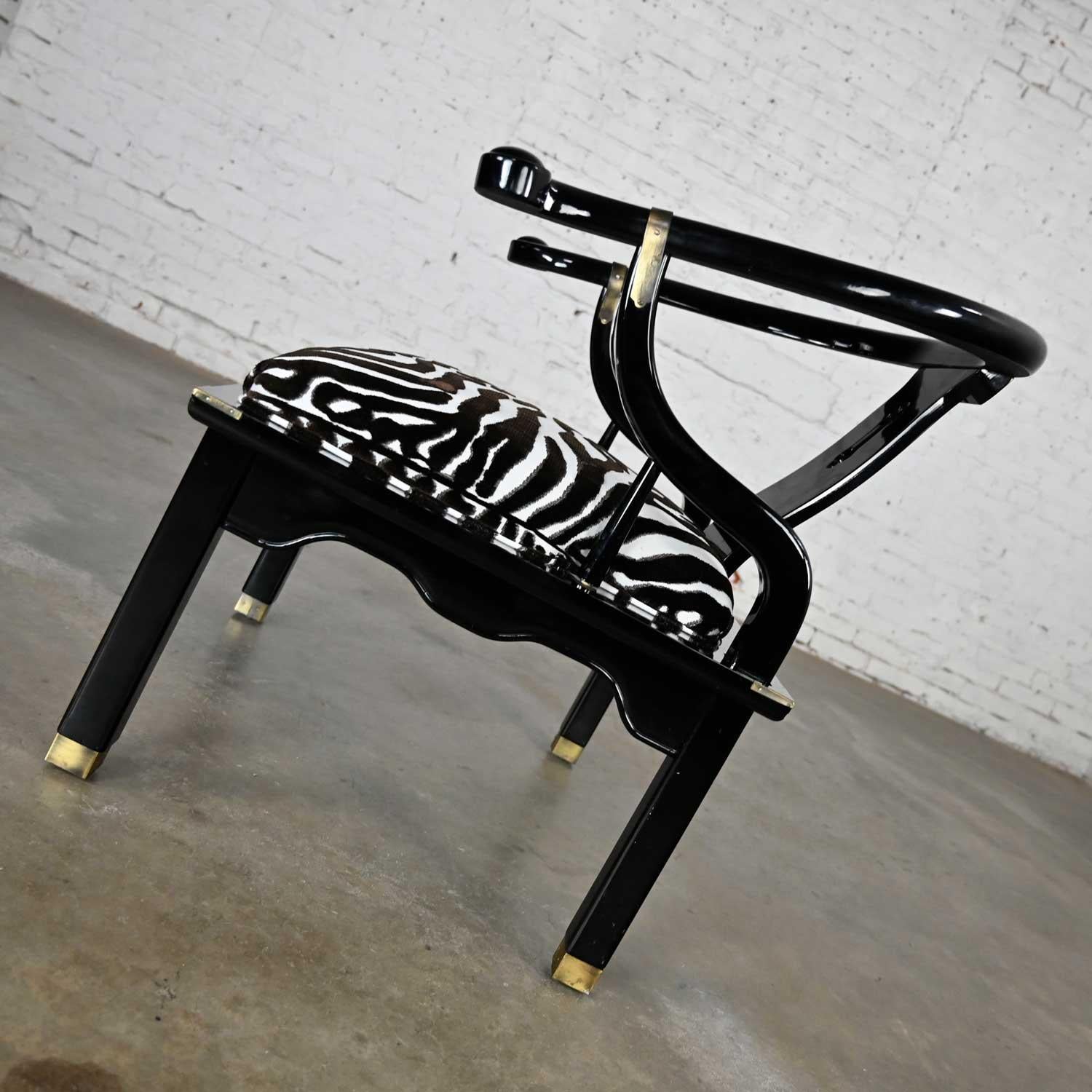 Ming Style Black Lacquer & Brass Low Chair After James Mont Scalamandre Zebra  In Good Condition For Sale In Topeka, KS