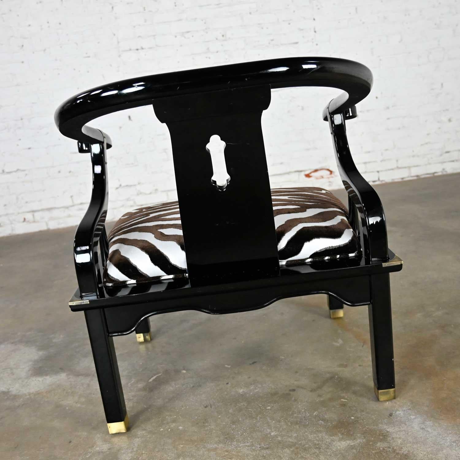 20th Century Ming Style Black Lacquer & Brass Low Chair After James Mont Scalamandre Zebra  For Sale